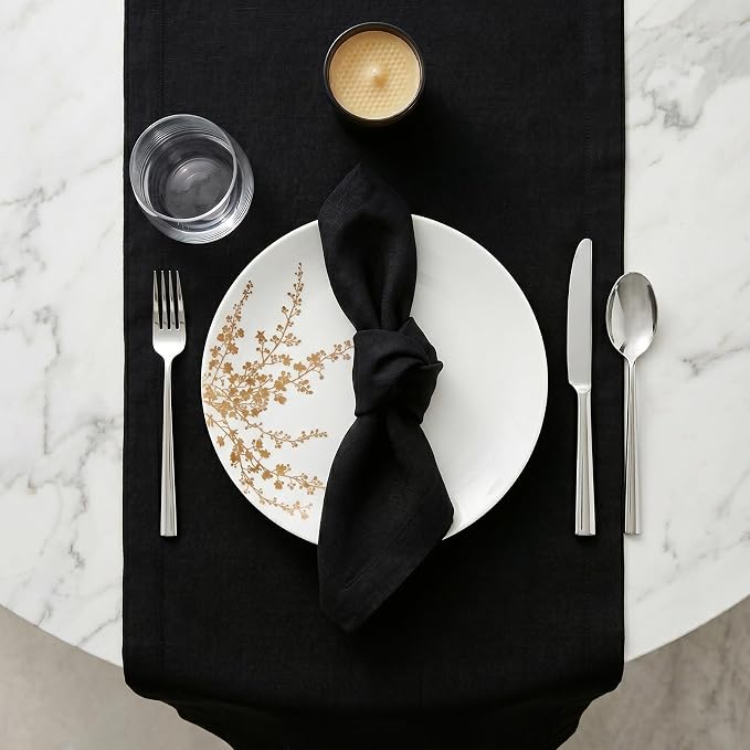 Solino Home 100% Pure Linen Table Runner Black Extra Long, Fete 14 x 144 in | styles dining tables for meals and celebrations, European flax fibres, handloomed texture, soft, fine, OEKO-TEX Certified