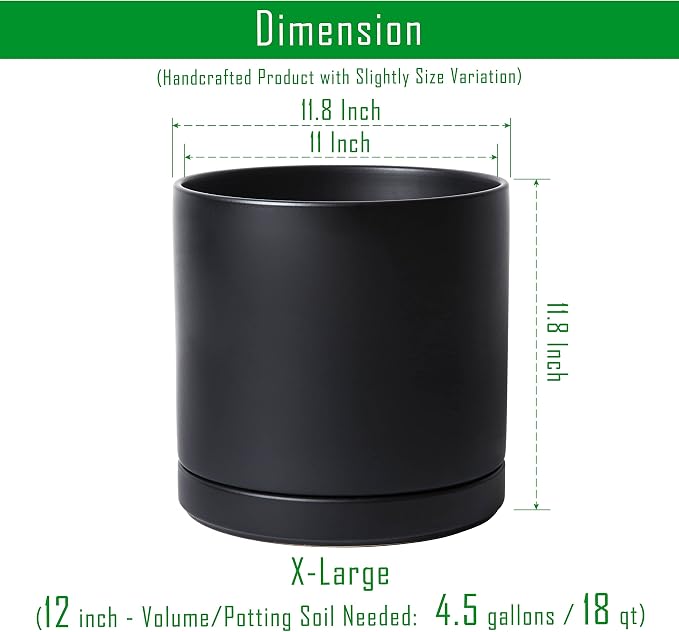 D'vine Dev 12 Inch Ceramic Planter Pot, Black, 94-O-F-2 | Modern Cylinder Design, Drainage Hole & Saucer Included, Stable Structure, Elegant Home Accent