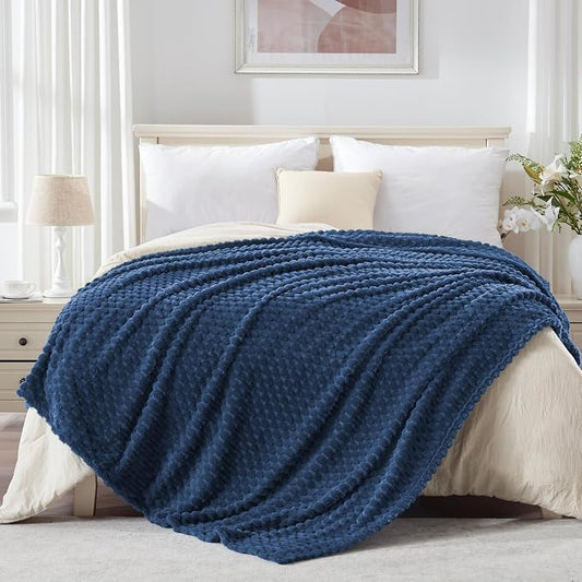 EXQ Home King Size Blanket for Bed or Couch - 3D Imitation Turtle Shell Jacquard Decorative Fleece Blankets - Cozy Soft Lightweight Fuzzy Flannel Blanket Suitable for All Seasons(90"×108",Dark Blue)
