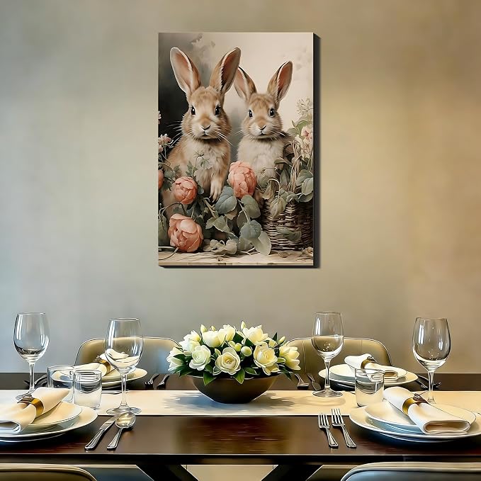 Rustic Bunny & Flowers Canvas Wall Art Framed Rabbit Canvas Prints Picture for Fireplac,Hallway, Farmhouse Spring Easter Wall Decor & Holiday Decoration for Bedroom Bathroom 16x24 In
