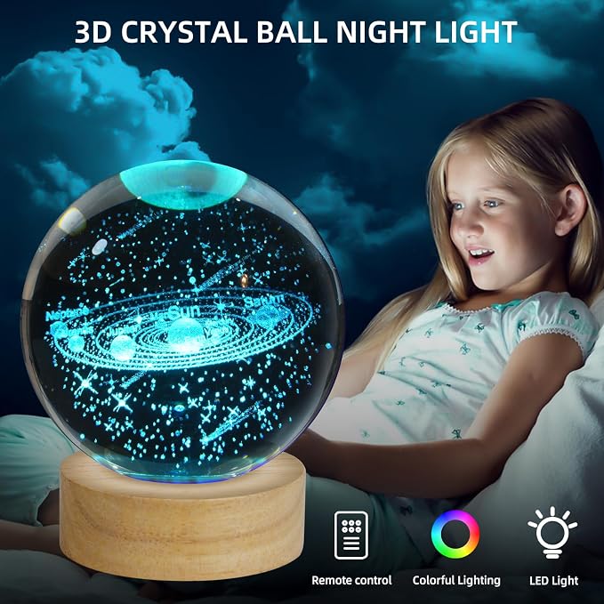 3D Solar System Crystal Ball Night Light, Upgraded 3.15 Inch Glass Ball Lamp with 16 Color LED Wooden Base, Solar System Model Desk Decor Birthday Christmas Space Gifts for Kids Friends