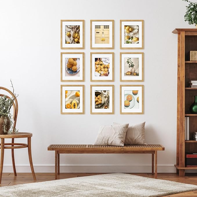 YESKAY 11x14 Picture Frame Set of 9, Photo Gallery Wall Frame Set, Display Pictures 8x10 with Mat or 11 x 14 Without Mat, Multi Photo Frames for Wall Mounting or Table Top Display, Natural Oak