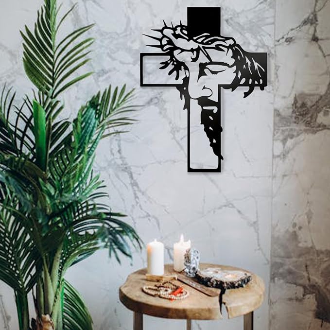 Black Jesus Wall Cross Decor Metal Crucifix Wall Hanging Wall Sculpture for Living Room Home Office Thankful Religious Gifts Grateful Blessed Christian Gifts for Women Special Mother's Day Gift Home Decor Entry Way(Size:12.59 * 9.84in)
