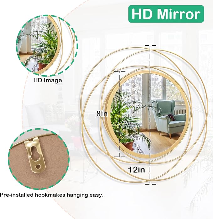 Mirrors for Wall Gold Circular Art Classic Metal Iron Frame Wall Mirror Decor Living Room Bedroom Bathroom Office Farmhouse Entryway Small 12” x 12”