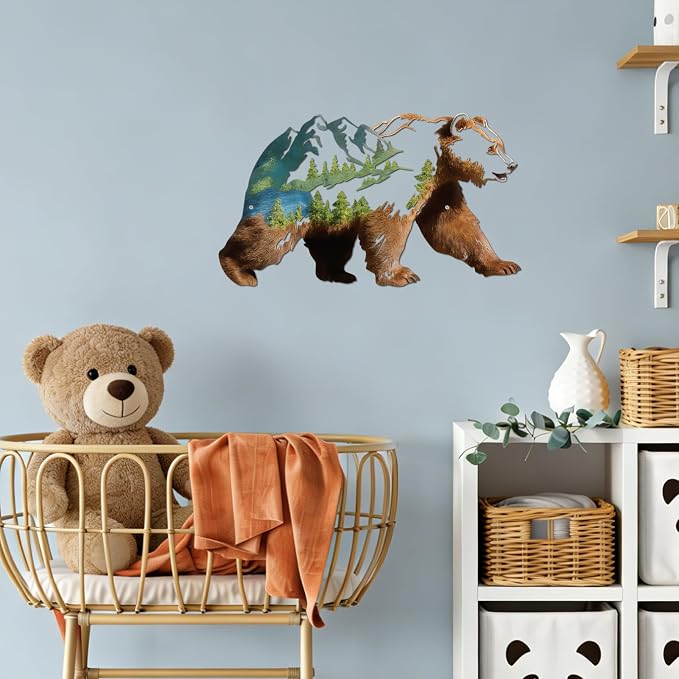 Metal Bear Forest Pine Tree Wall Art Bear Peak Natural Scenery Wall Sign | Wildlife Hunting Home Hanging Decorations for Living Room, Bedroom Kitchen Bathroom (Light Brown)