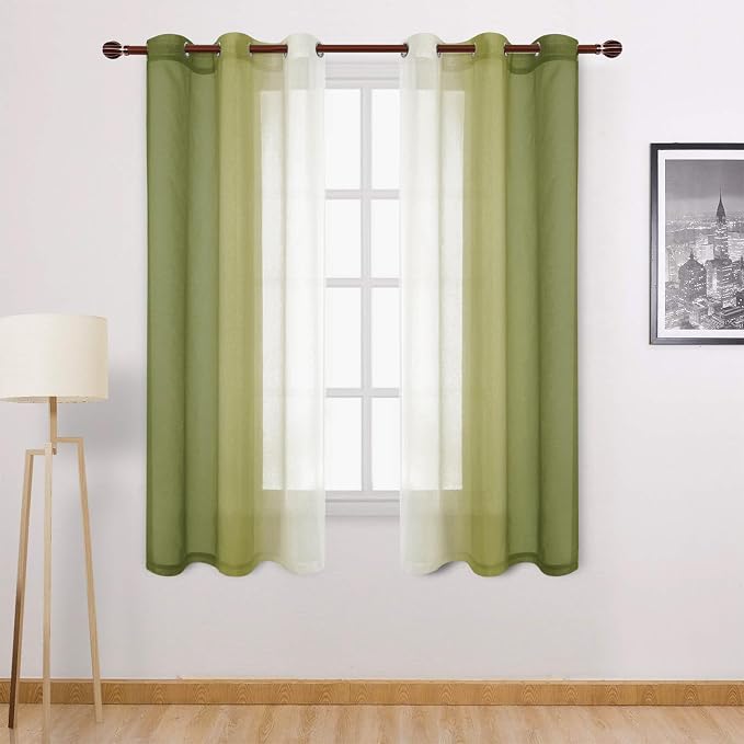 DWCN Olive Green Faux Linen Ombre Sheer Curtains - Gradient Semi Voile Curtains for Bedroom and Living Room, Set of 2 Grommet Top Window Curtain Panels, 42 x 63 Inches Long, Olive Green