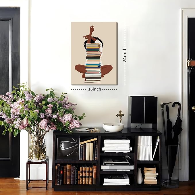 AKWISH Black Girl Canvas Wall Art - African American Wall Decor, Modern Black Woman with Book Art for Bedroom Living Room - Framed 16x24 inch