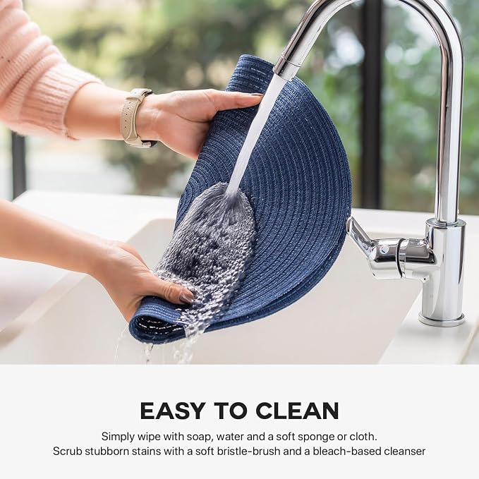 BARoyal Round Placemats Set of 4 Woven Placemats Washable Braided Table Mats for Dining Table Heat Resistant Non-Slip Circle Place Mats(Navy Blue)