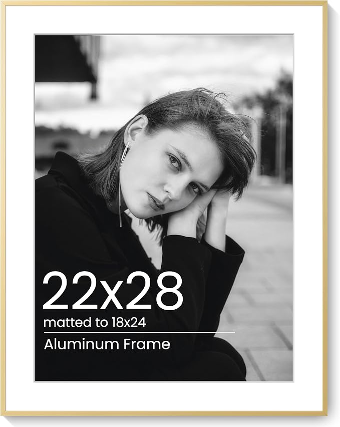 22x28 Poster Frame Gold, Aluminum Metal 22 x 28 Frame with Removable Mat, 22 by 28 Gold Picture Frame Matted to 18x24 Photo, Real Tempered Glass for Home and Office Gallery Wall, 1 Pack