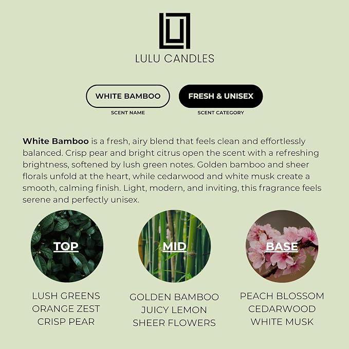 Lulu Candles | White Bamboo | Luxury Scented Soy Jar Candle | Hand Poured in The USA | Highly Scented Long Lasting (9 Oz.)