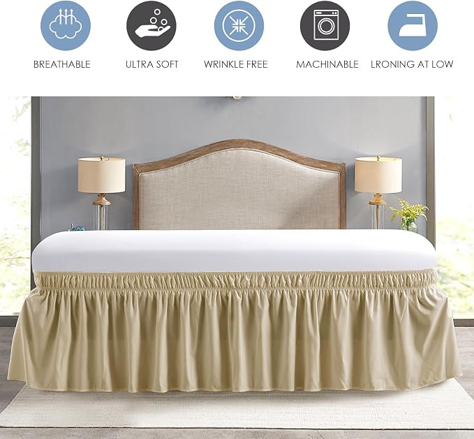 FreshCulture Queen Bed Skirt, Elastic Wrap Around Bed Skirt Queen Size, Bed Skirts for Adjustable Bed, Easy Fit with 18 Inch Drop Length, Hotel Quality Dust Ruffle for Queen Bed (Beige)