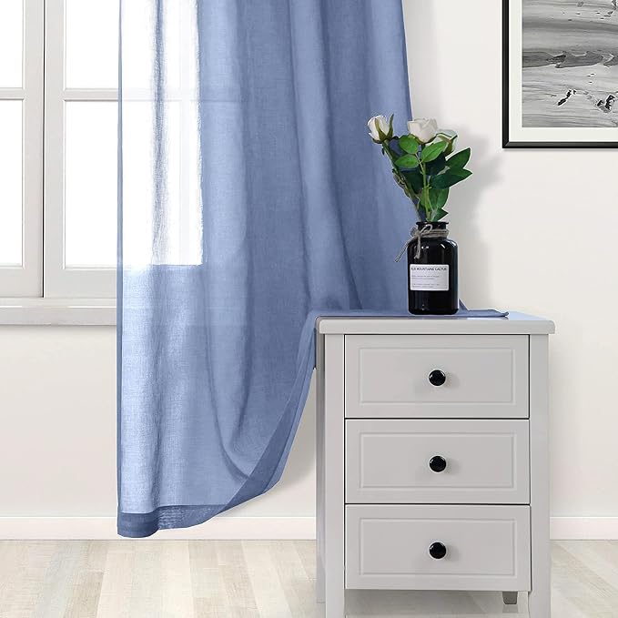 DWCN Sheer Curtains for Living Room Bedroom - Faux Linen Look Voile Drapes Grommet Top Window Curtain Panel 52 x 84 Inches Long, Dusty Blue, Set of 2 Panels