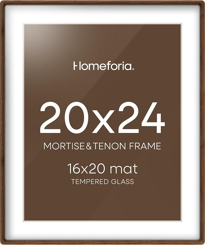 Homeforia 20x24 Mortise&Tenon Walnut Picture Frame, 16x20 Mat, Glass