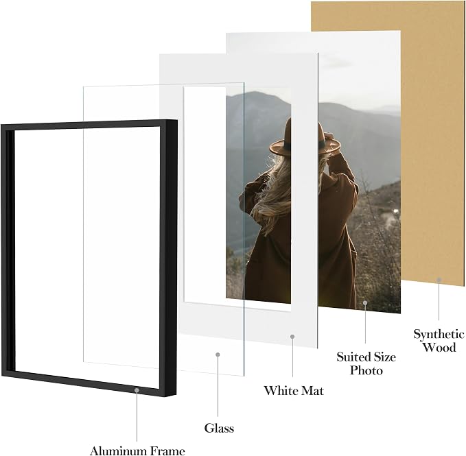 eletecpro Aluminum Gallery Wall Frame Set of 8 with Glass Cover, Black | Including 2Pcs 11x14, 3Pcs 8x10, 3Pcs 6x8 Photo Frames, Multiple Sizes Picture Frames Collage Wall Decor or Tabletop Display