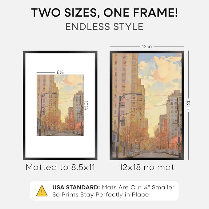 Homeforia 12x18 Black Picture Frame, High-End Metal, 8.5x11 Mat, Glass