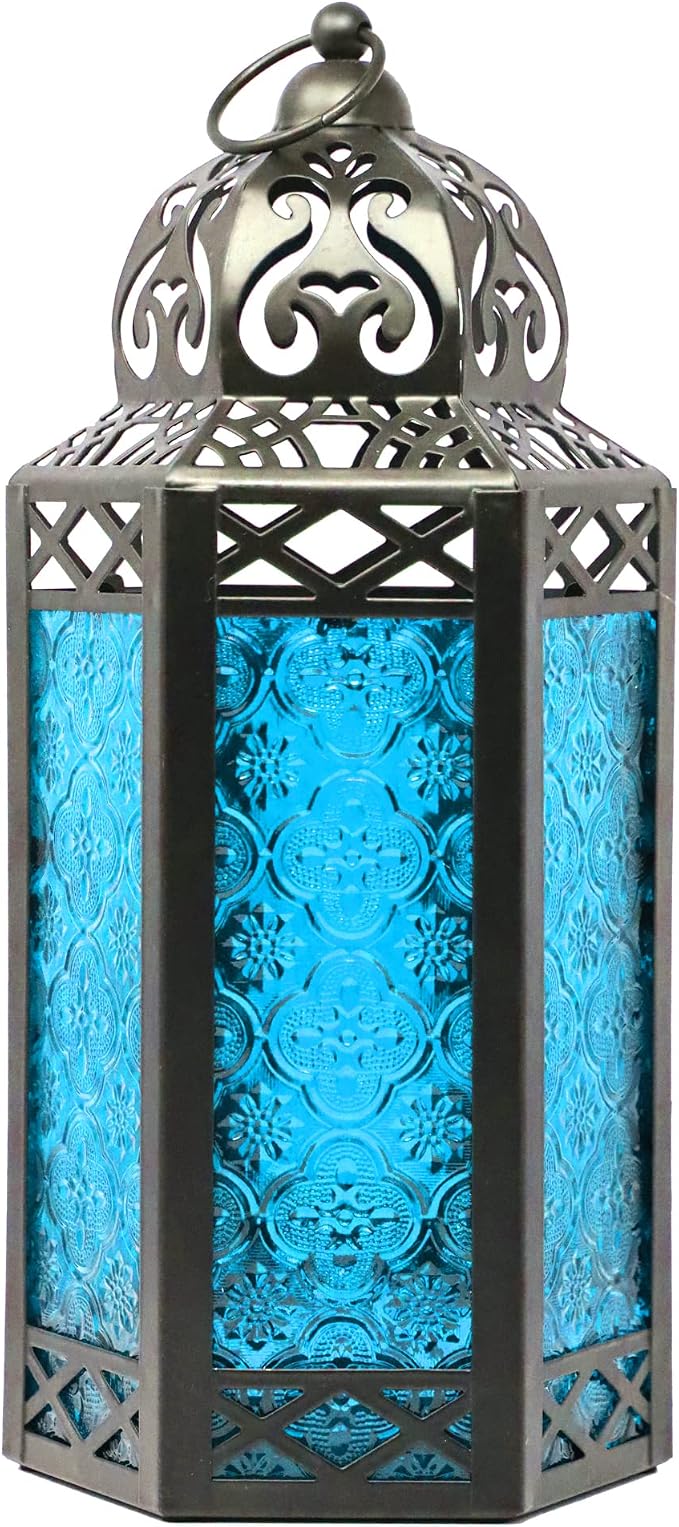 Vela Lanterns Decorative Indoor Candle Holder Table Centerpieces - Moroccan Hanging Outdoor Patio & Porch Home Decor, Turkish Lamp for Wedding, Ramadan (Large 12", Blue Glass)