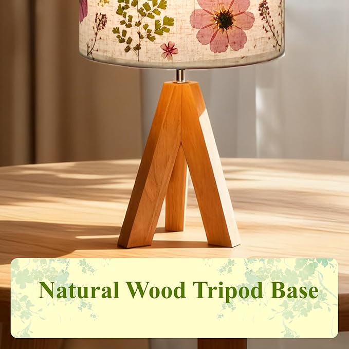Dried Flowers Tripod Table Lamp 14.96in, 9W LED Dimmable Cute Bedside Lamp with Flowers Linen Lampshade for Nursery, Bedroom, Kid Room, Living Room, Light Brown Wooden Base