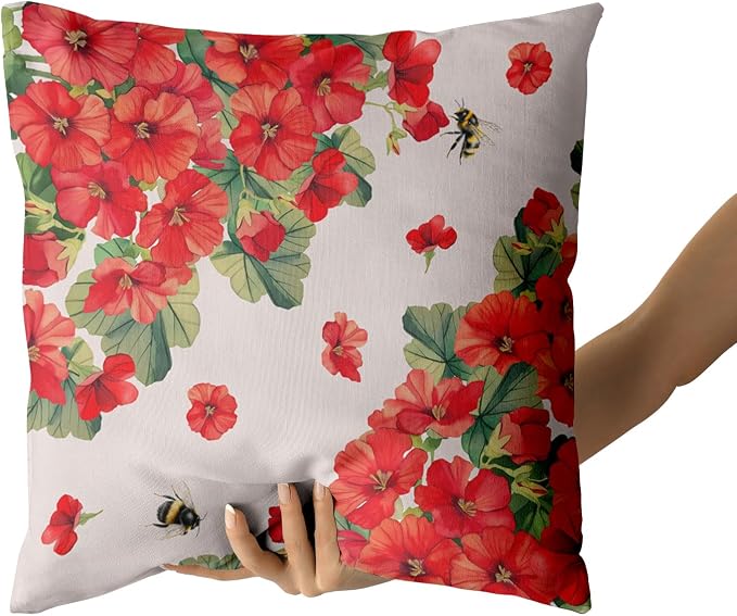 Giwawa 2PCs Geranium Throw Pillow Covers, 16"x16" Spring Summer Red Floral Bees Decorative Cotton Pillow Cases, Watercolor Flower Blossom Square Cushion Cover Sofa Couch Porch Living Room