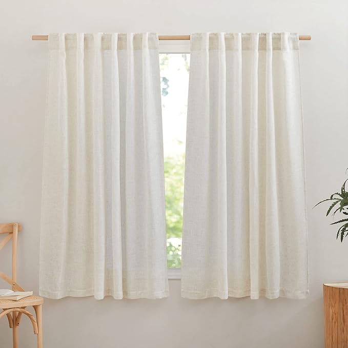 NICETOWN Semi Sheer Linen Curtains for Bedroom 63 inch Long, Rod Pocket & Back Tab Privacy Window Drapes Light Filtering for Bedroom/Nursery, Burlap, 52" W x 63" L, 2 Panels