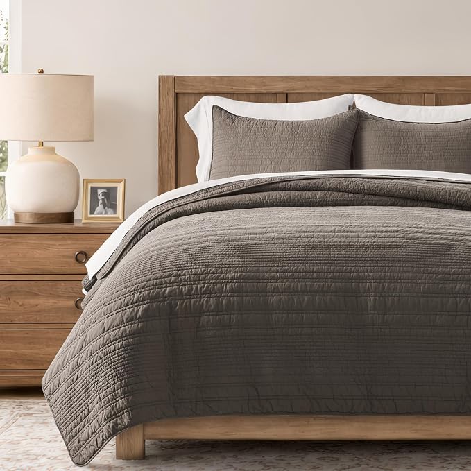 EVERGRACEHOME 100% Cotton Modern Lines Quilt Set Queen Size, Mushroom Brown | Pre-Washed Soft Cotton, Striped Coverlet Bedspread, 3 Piece Lightweight Bedding Set for All Season, with 2 Pillow Shams