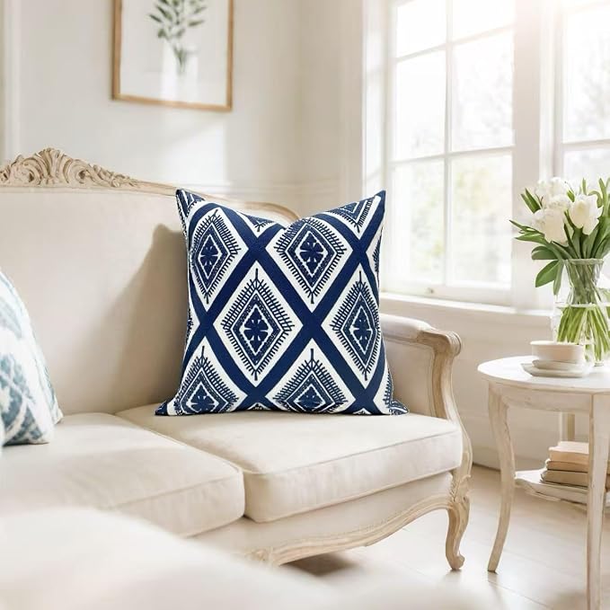Slow Cow Embroidery Cushion Cover Decorative Invisible Zipper Throw Pillow Cover for Living Room 20 x 20 Inch, Navy Blue