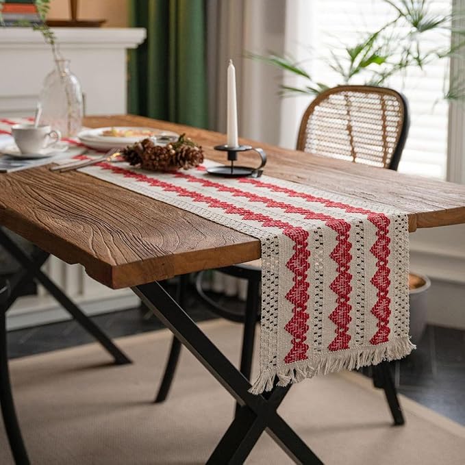 Macrame Table Runner Beige and Red Heart Boho Runners with Tassels 12x71in | Alynsehom Hand Woven Cotton Table Runner Rustic Farmhouse Table Runners for Valentine's Day Bohemian Kitchen Dining Table