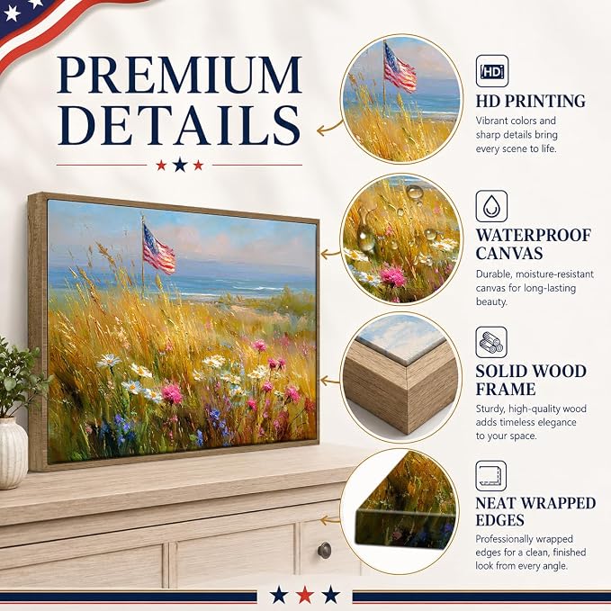 American Flag Framed Canvas Wall Art, 4th of July Patriotic Canvas Prints | Wildflower Landscape Poster Print, Vintage Rustic Independence Day Wall Decor for Bedroom Living Room Office 24×36in