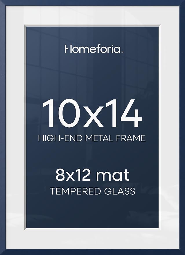 Homeforia 10x14 Blue Picture Frame, High-End Metal, 8x12 Mat, Glass