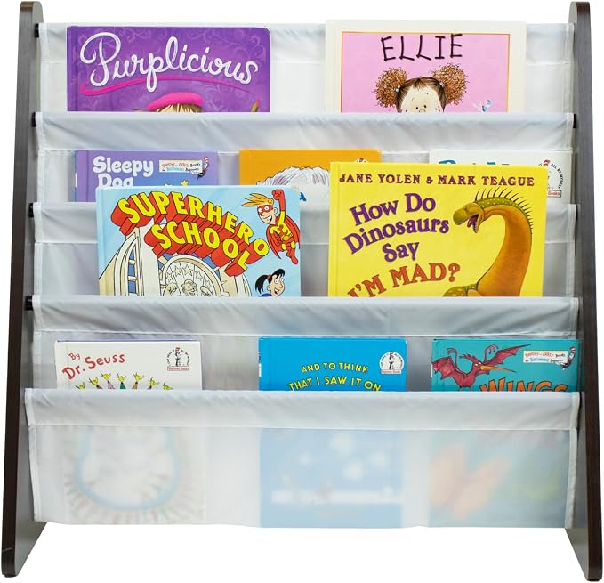 Humble Crew Kids Bookshelf, Montessori Front Facing Toddler Bookcase 4 Tier | Book display rack and reading nook organizer, nylon pockets show covers face out, compact for any playroom or bedroom space