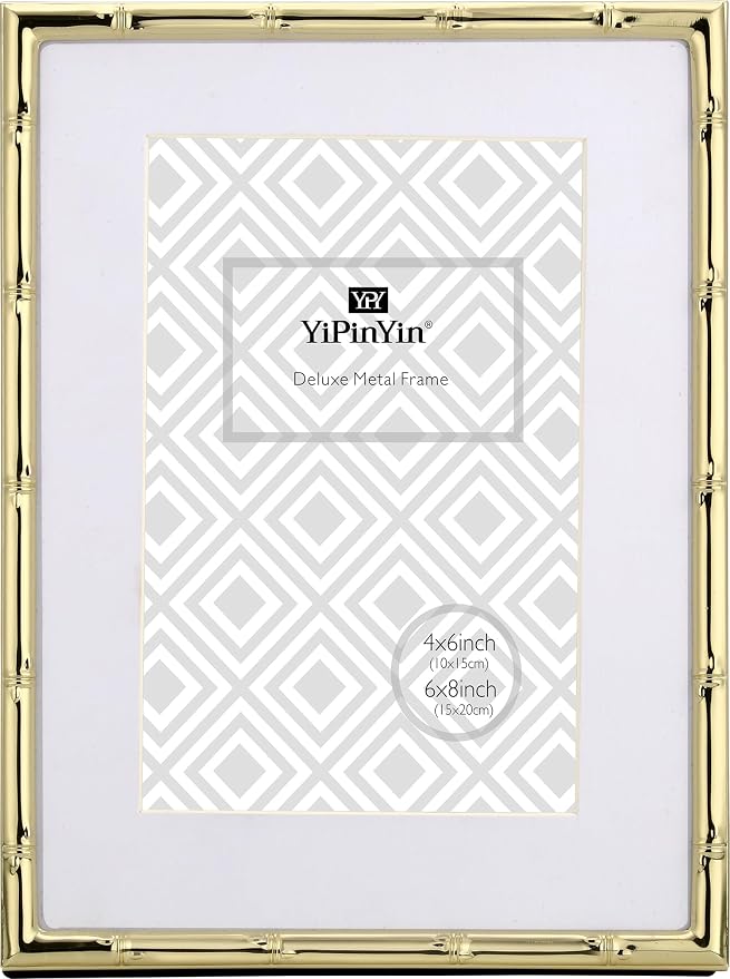 YiPinYin 6x8‘’ Bamboo Detail Gold Metal Picture Frame 2pack,6x8'' Gold Plated Photo Frames Mat for 4x6‘',with Soft Velvet Backing for Desktop and Wall Décor