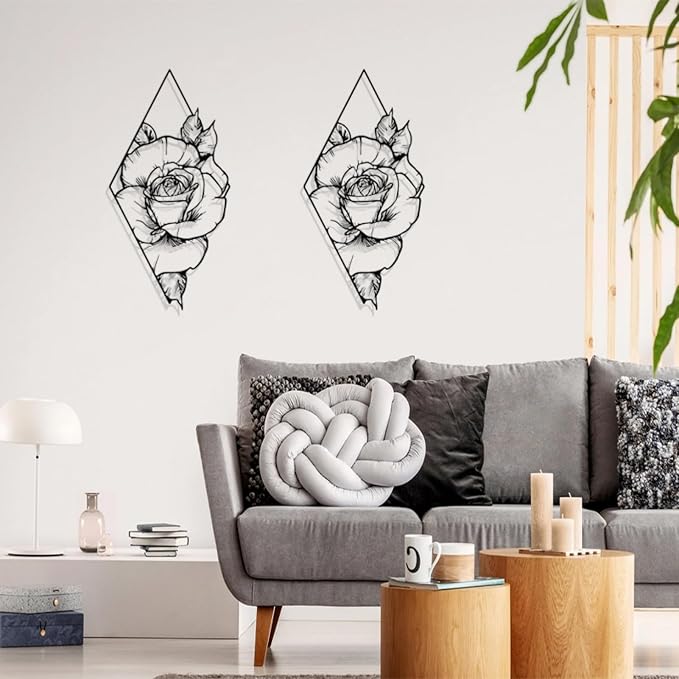 DUOOLN Metal Rose Wall Decor Art, Abstract Floral Hanging Sculpture Sign | Rustic Nature| Abstract Leaf Line Pictures |Rhombus Modern Painting|Silhouettes |Home Garden Bedroom Living Room|15.7×7.87 in
