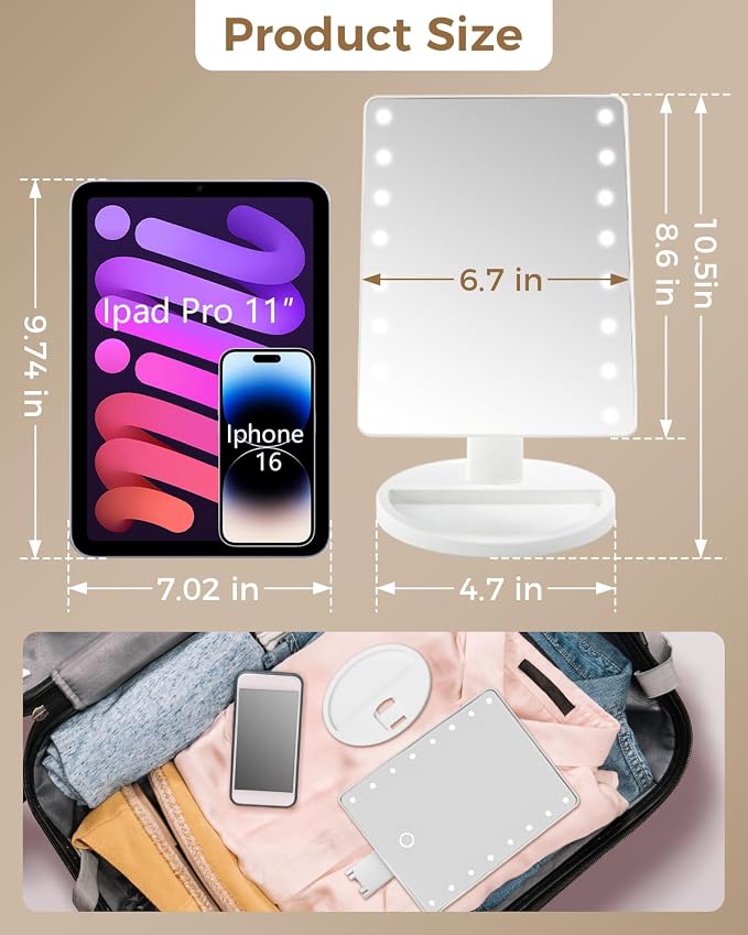 Lighted Makeup Mirror with Lights, Vanity Mirror with Lights, 16 LEDS Dimmable Desk Mirror with Light, Dual Power Supply, Gifts for Teenage Girls, Beauty Makeup Mirror, Dorm Room Essentials for Girls