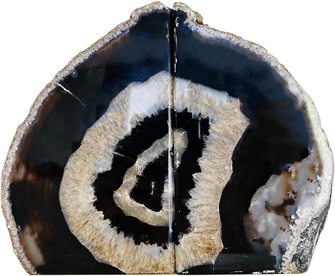 Natural Agate Bookends Heavy Geode Stone Book End Holders Decorative | Polished Stone Book Stoppers Supports Home Office Decor with Rubber Bumpers Natural Black 1 Pair, 3-4 LBS