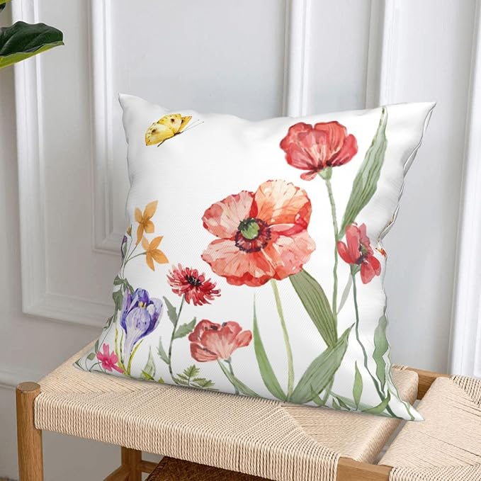 Spring Floral Throw Pillow Covers 18x18 inch Set of 4 Butterfly Pillow Cases Wildflower Farmhouse Decorative Cushion Covers for Sofa Couch
