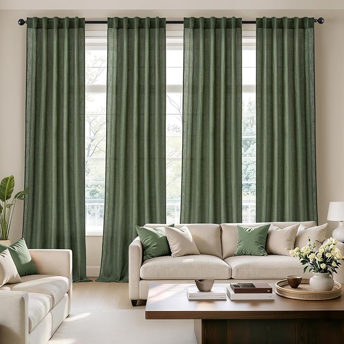 MIULEE Olive Green Back Tab Linen Curtains 4 Panels 42W x 90L | Linen material, light filtering, rod pocket back tab hanging, farmhouse decor for living room bedroom