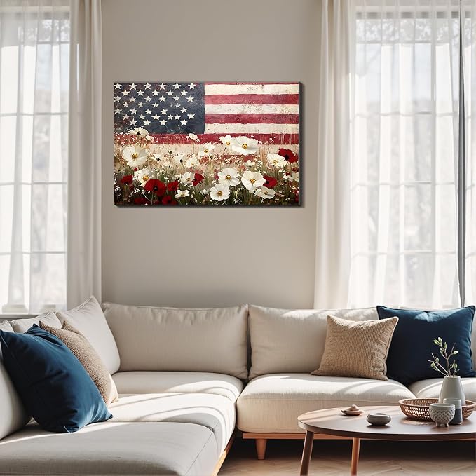 Framed American Flag Wildflower Field Wall Art, Patriotic Rustic Canvas Art Pictures, USA Flag Coastal Meadow Wall Decor, Made in USA Ready to Hang for Living Room Bedroom
