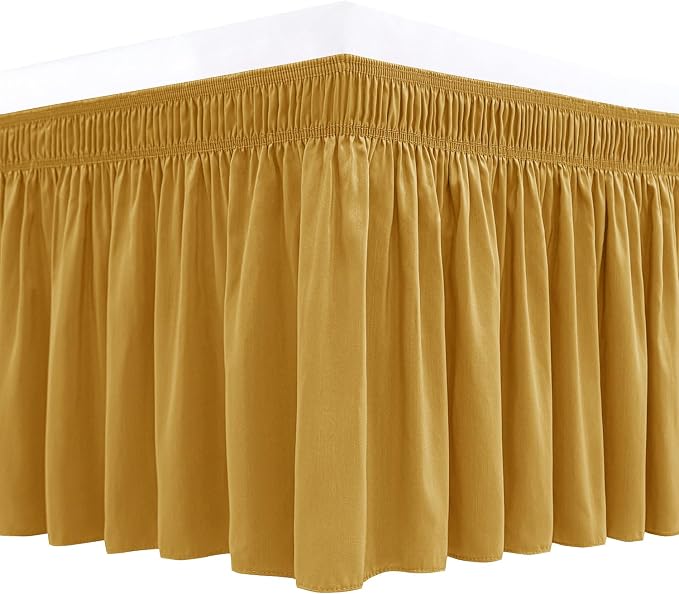 Wrap Around Bed Skirt King Size 12 Inch Drop-Elastic Dust Ruffle Gold | Adjustable Pleated Bedskirt-Easy Fit Wrinkle Resistant Washable Hotel Quality Fabric Bed Skirting-Master Guest Bedroom Rental