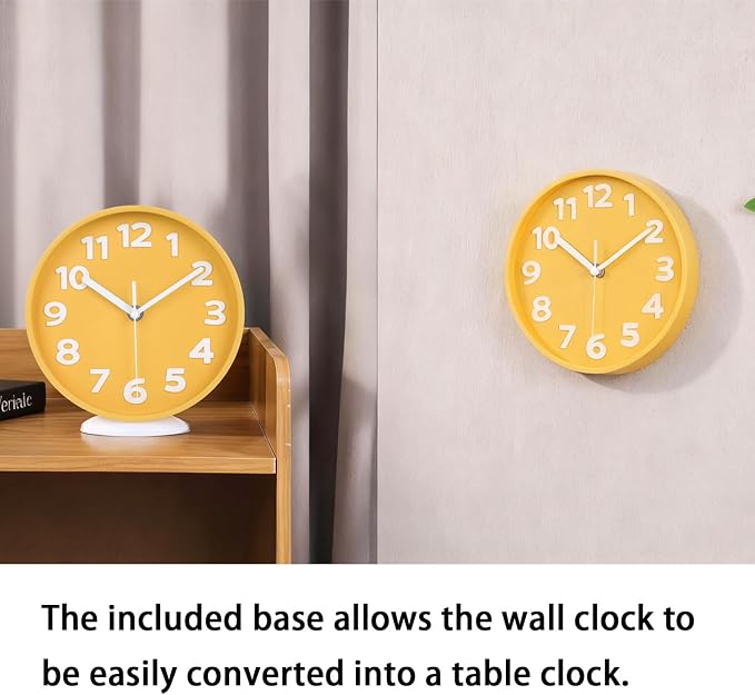 JENLYSTIME 8 Inch Vibrant Yellow Modern Wall Clock – Silent Non-Ticking, Bold 3D Numbers, Precise Quartz Movement | Decorative Desk & Wall Clock with Stand for Home, Kitchen, Bedroom, or Office