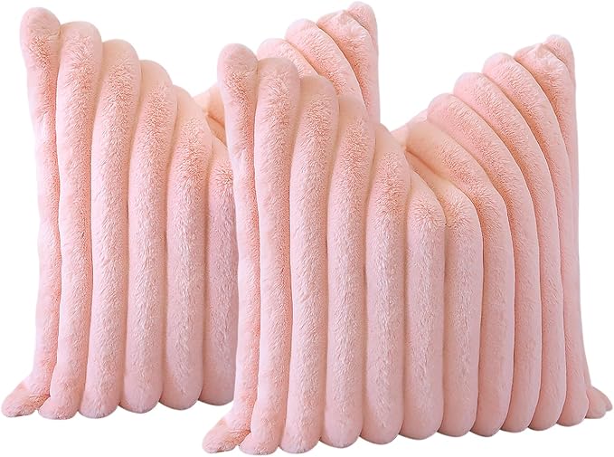 Soleebee Set of 2 Throw Pillow Covers Soft Cozy Velvet Pillowcase Faux Rabbit Fur Cover for Couch Sofa Bed Chair Home Decorative Pillows Cover (20x20 Inch, Pink)