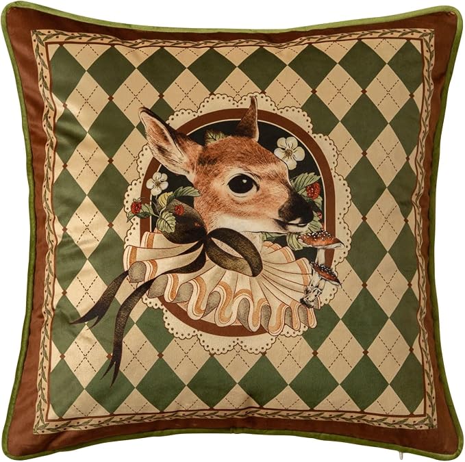 Vintage Christmas Pillow Cover 18x18, Checkered Deer | Designer High End Deer Pillow Cover, Green Velvet Throw Pillow Decorative for Couch Sofa Bedroom Home Holiday