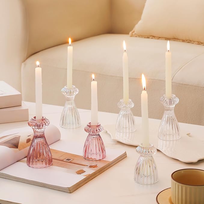 Lysenn Glass Candlestick Holders, Taper Candle Holders Set of 6, Clear