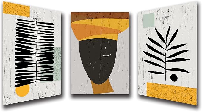 Framed Canvas Wall Art African Ethno Motive Wall Art Set, Abstract Ethno Art, African American Woman Portrait, Black Orange Print, Contemporary Collage, Minimalist (S-3pcs,24x36inchx3pcs)