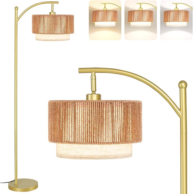 SUNMORY Arc Floor Lamps for Living Room, Rattan Standing lamp with 12W Bulb
