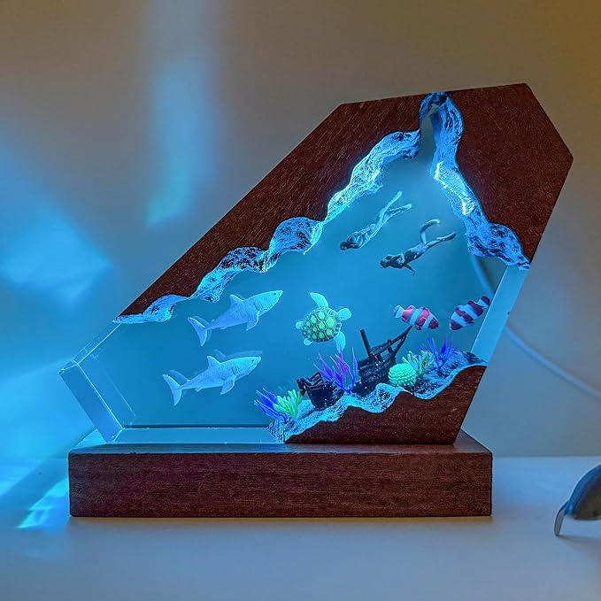 Handcrafted Shark Resin Ocean Lamp with Wooden Base