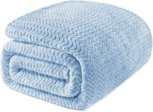 Exclusivo Mezcla Soft Fleece Blanket King Size for Bed, Sofa, Light Blue | 90"x104" Breathable Lightweight Flannel Blanket for Summer, Plush Cozy Jacquard Wave for Home Decor