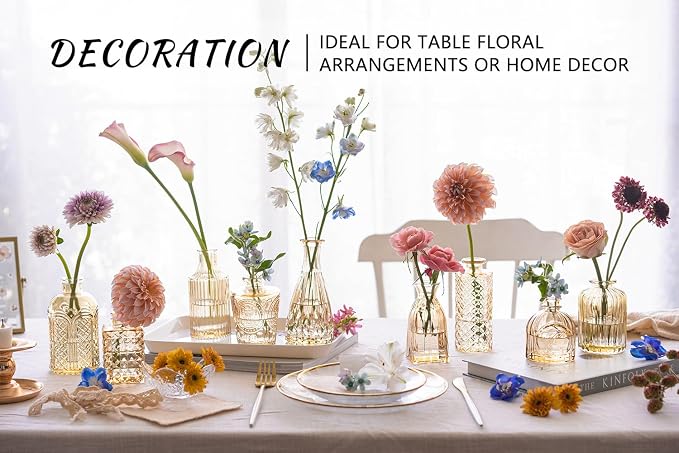 SUPMIND 16Pcs Amber Bud Vases Set, Small Glass Vases Bulk for Centerpieces | Mini Vintage Flower Vases for Wedding, Home Decor, Autumn Fall Decoration - Gold Amber