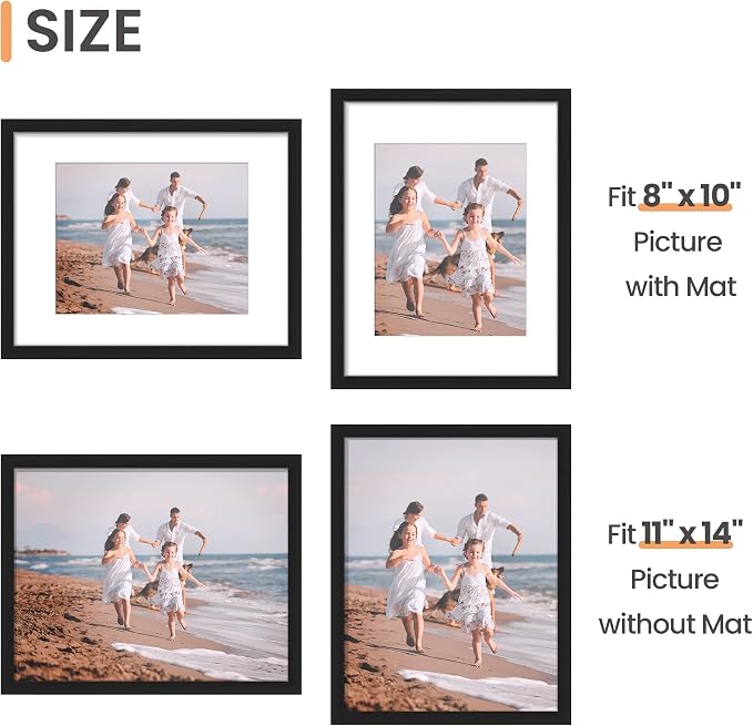 upsimples 11x14 Picture Frame Set of 10, Display Pictures 8x10 with Mat or 11x14 Without, Multi Photo Frames Collage for Wall Display, Black