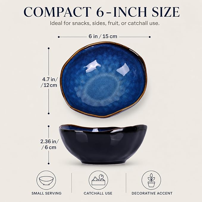 6" Blue Ceramic Decorative Bowl, Key Bowl for Entryway Table, Candy Dishes, Salad Bowl, Fruit Bowl for Kitchen Counter, Blue Small Jewelry Trinket Dish for Bedroom, Bedside Table, Living Room