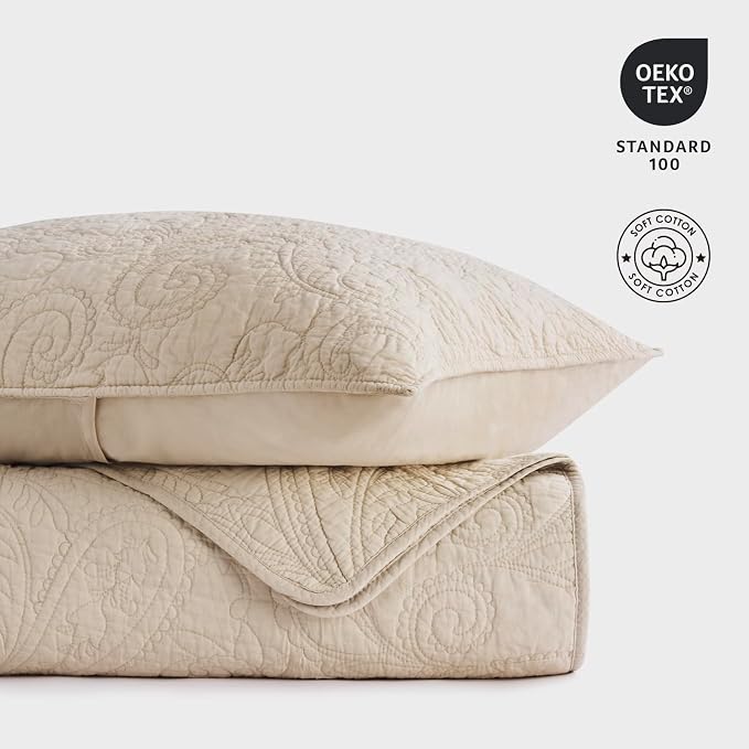EVERGRACEHOME 100% Cotton Paisley Quilt Set, King Size, Flax Beige | Prewashed for Softness, Year-Round Breathability, Gift-Ready Box, Matelasse-style Quilted Coverlet, 3 Piece Set with 2 Shams