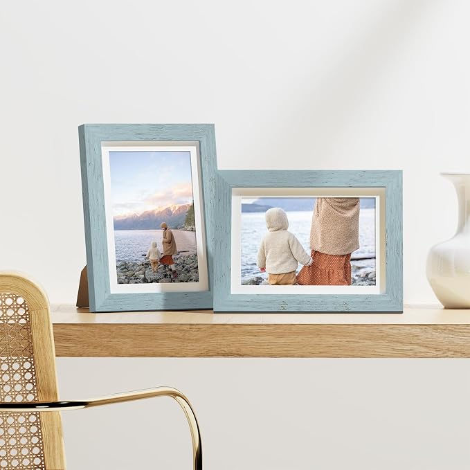 Vittanly 5x7 Picture Frames Set of 9, Wall & Tabletop, Rustic Blue | Display Pictures 4x6 with Mat or 5x7 without Mat, Small Photo Frames, Engineered Wood with Shatter Resistant Plexiglass